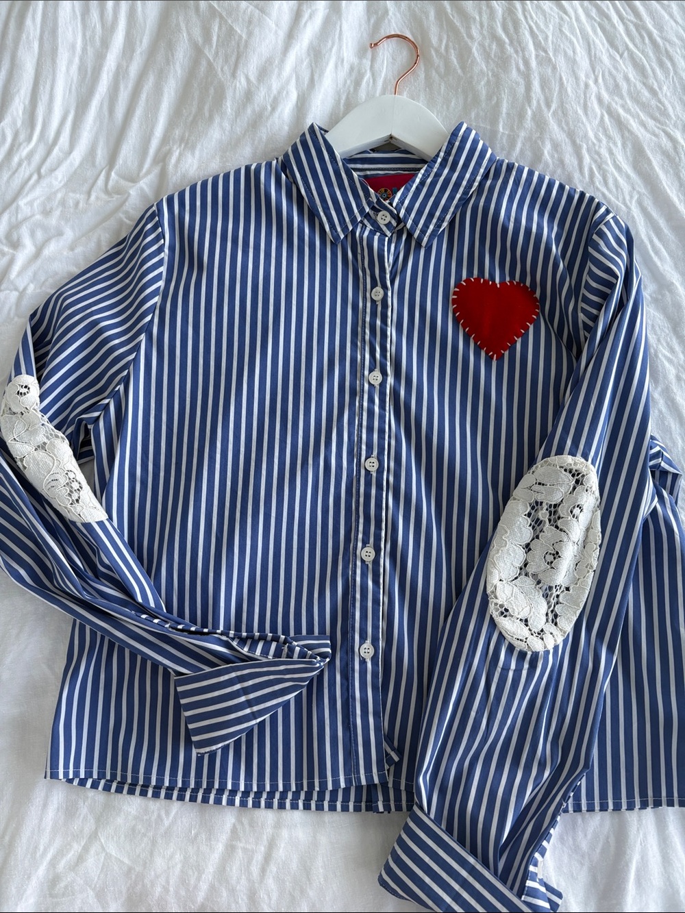 Romi Basha Blue White Striped Button-Up Shirt with Red Heart Patch one size.